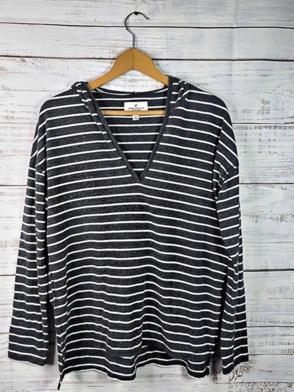 American Eagle Outfitters Striped Hooded V-Neck Long Sleeve Top Medium